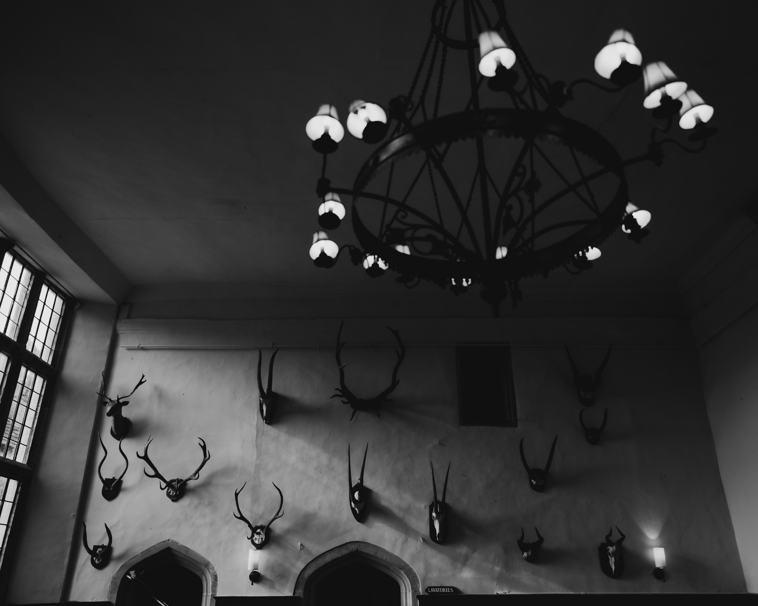 A wall of antlers inside Brympton house somerset