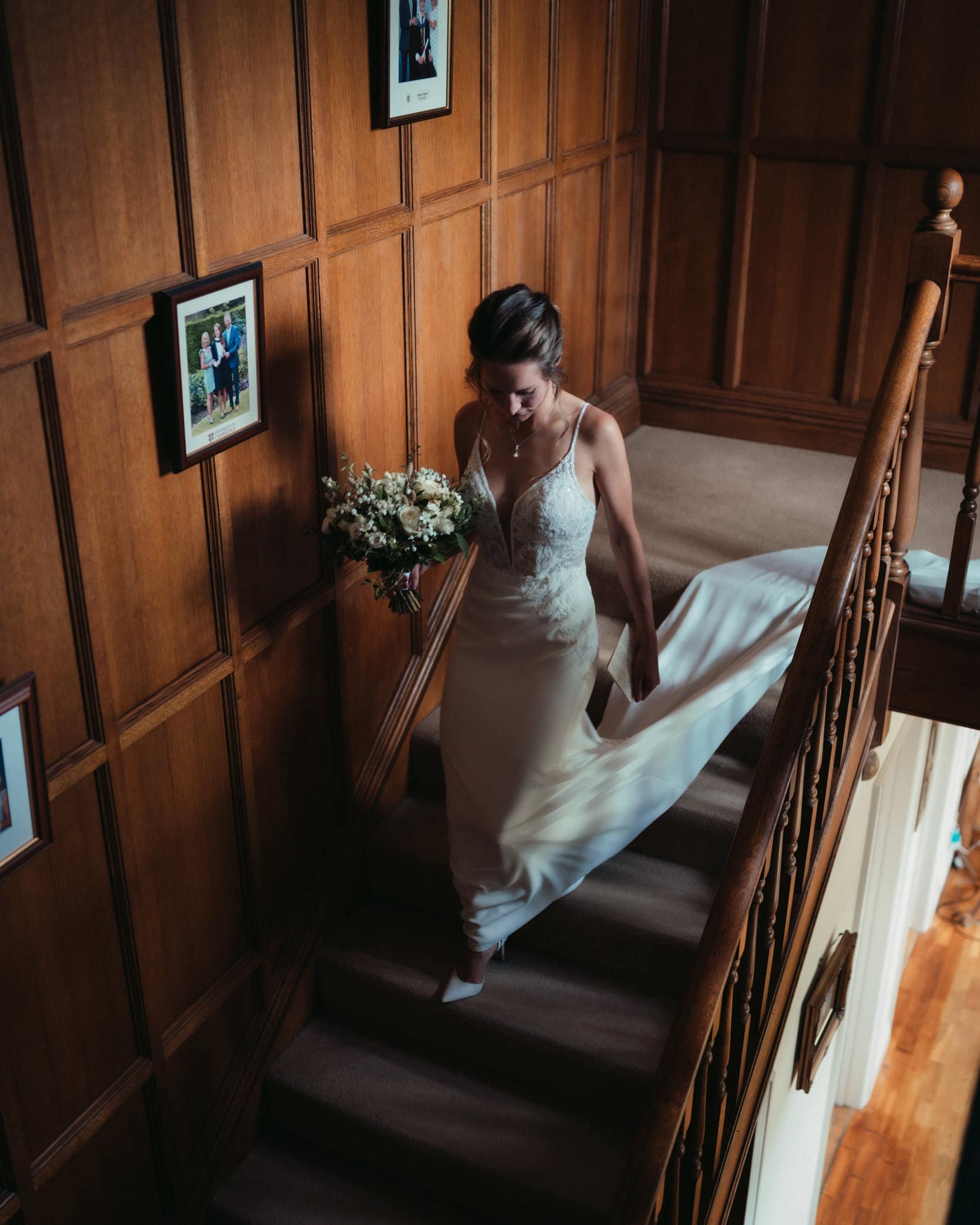Bride walking down the stairs to get married Taunton Somerset